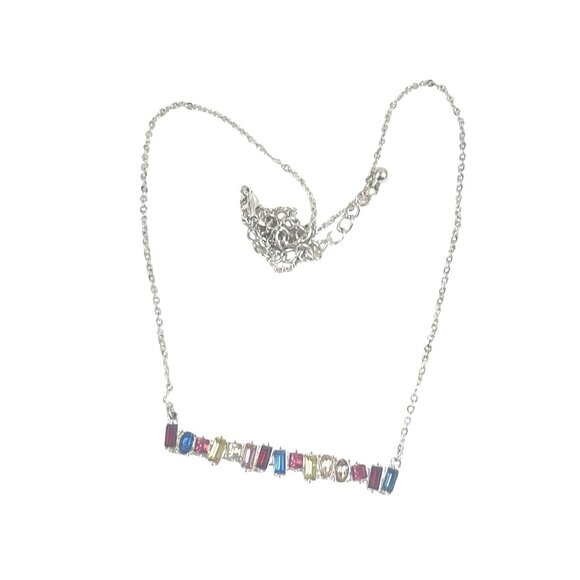 Silver-Tone Chain Necklace With Multi-Color Gem Accents & Abstract Bar Pendant - Picture 4 of 10